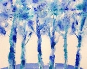 Turquoise Tree Painting-Abstract Watercolor-ORIGINAL-Landscape-Impressionism Art- Blue-12X9