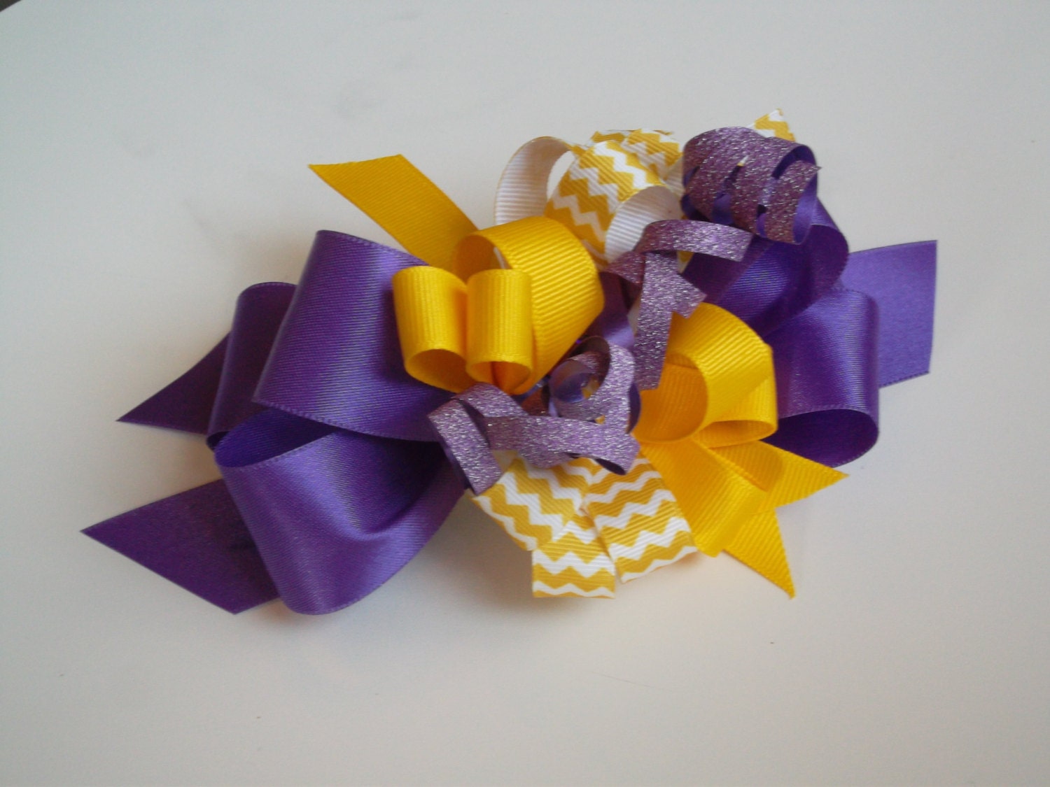 Purple and Gold Big Hair Bow LSU Chevron Ribbon Bow