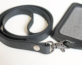 Leather lanyard, real handmade lanyard with black leather strap and faux leather id holder