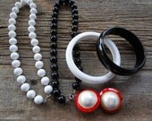 Vintage Black and white costume jewelry -chunky beads - bangles -bracelets - chunky earrings large pearls with red outer rims -