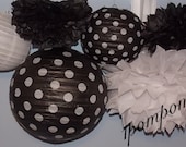 Ebony and Ivory  5 Tissue Paper Pom Poms &  5 Paper Lanterns (Black and White or you choose your colors)