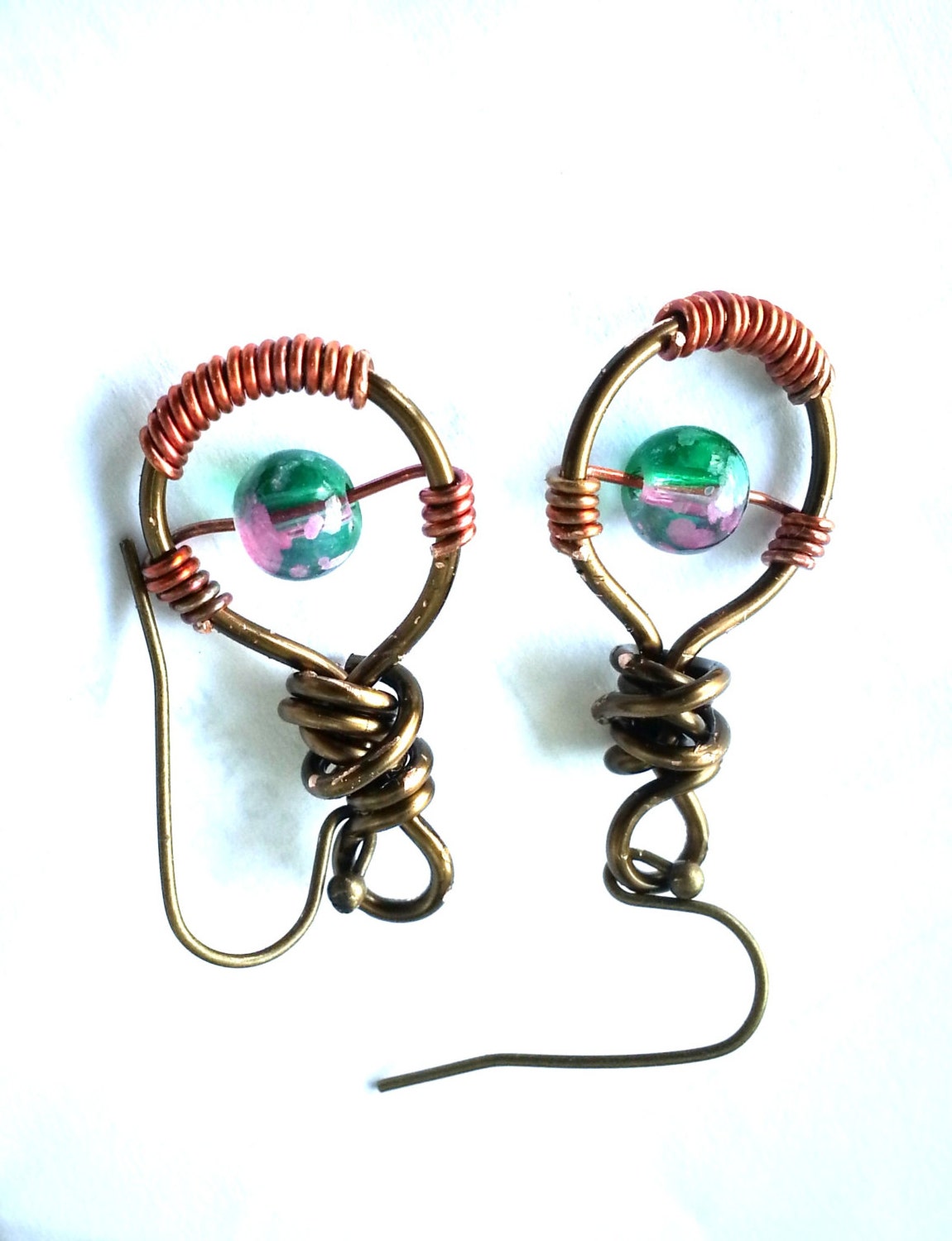Tree Drops: Earrings Blue Pink Green Glass Bead Earrings Antique Copper Wire Wrapped Round Dangle Handmade