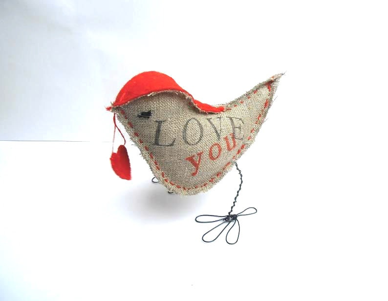 Bird Handmade Fabric figurine rustic linen sculpture gray red with LOVE and Heart prints