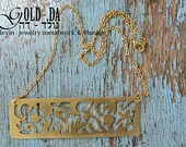 Statement gold Necklace ,Large gold pendant charm dominant ,Metalwork gold Necklace ,Rectangle jewelry