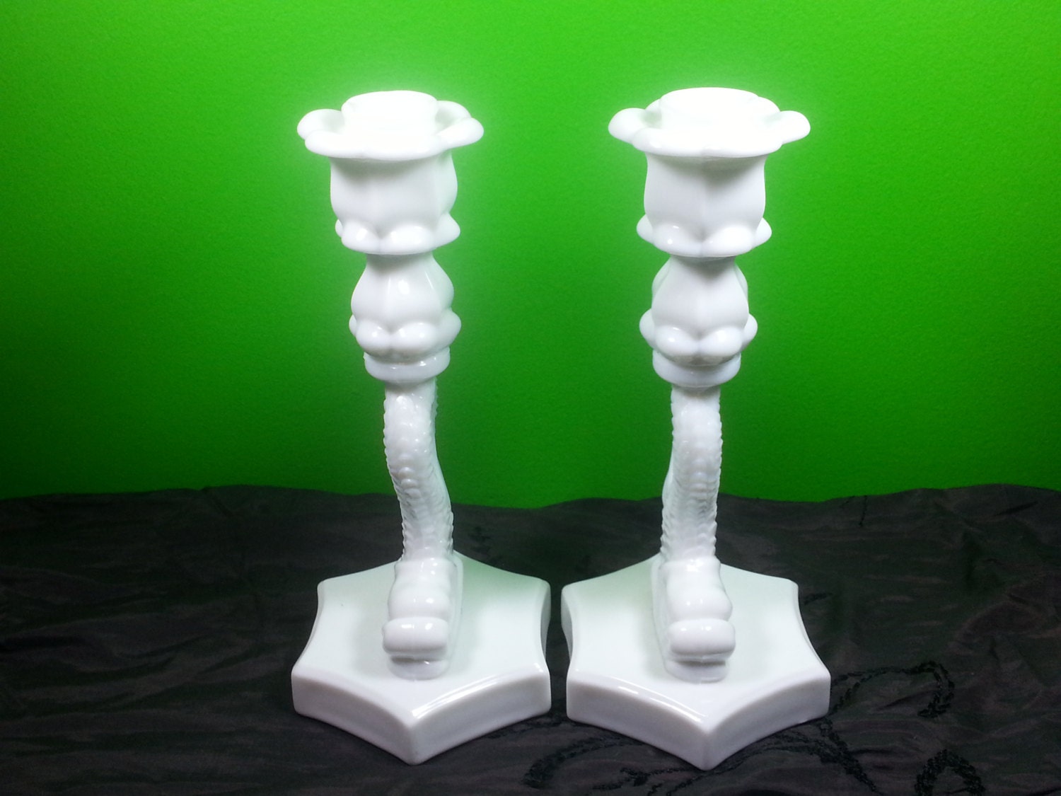 Pair of Vintage Westmoreland Milk Glass Dolphin Candlestick Holders