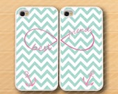 Mint green Chevron,Anchor& Bestfriends--iPhone 4 Case, iPhone 4s Case, iPhone 4 Hard Plastic Case,Personalized iPhone covers--water proof