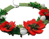 Flowers Beaded Necklace - Beadwork Jewelry - Red Green Black White Poppies Leaves Buds Earrings - Spring Summer fashion - MAKE TO ORDER