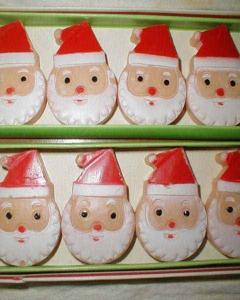 vintage 1965 SOAPY SANTAS decorative Christmas hand soap Santa face 2 boxes with 10 in each Xmas Gift collectible bathroom display MoD
