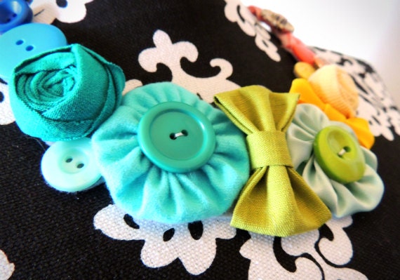 Rainbow Bib Necklace - Upcycled/New - Flower Rosettes, Bows, Buttons - Adj Silver-tone chain - Spring Fashion -Free U.S. S/h - Ready to Ship
