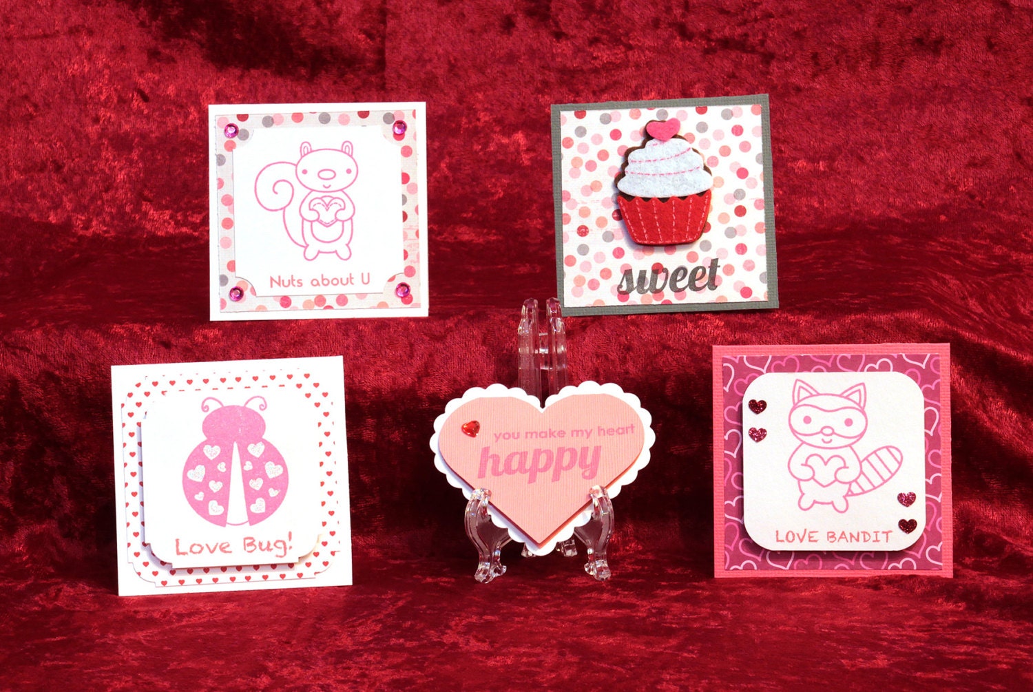 Set of 5 small handmade Valentine cards  cupcake hearts animals