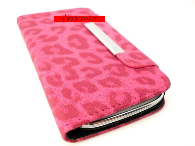 Faux suede pink leopard fabric wallet case for Samsung Galaxy S3 III plain no embellishments or studs