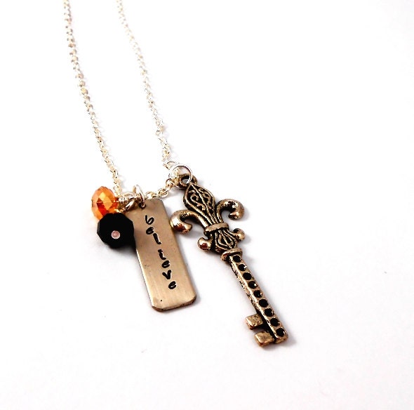Hand stamped "believe" necklace with fleur de lis key and swarovski cyrstals