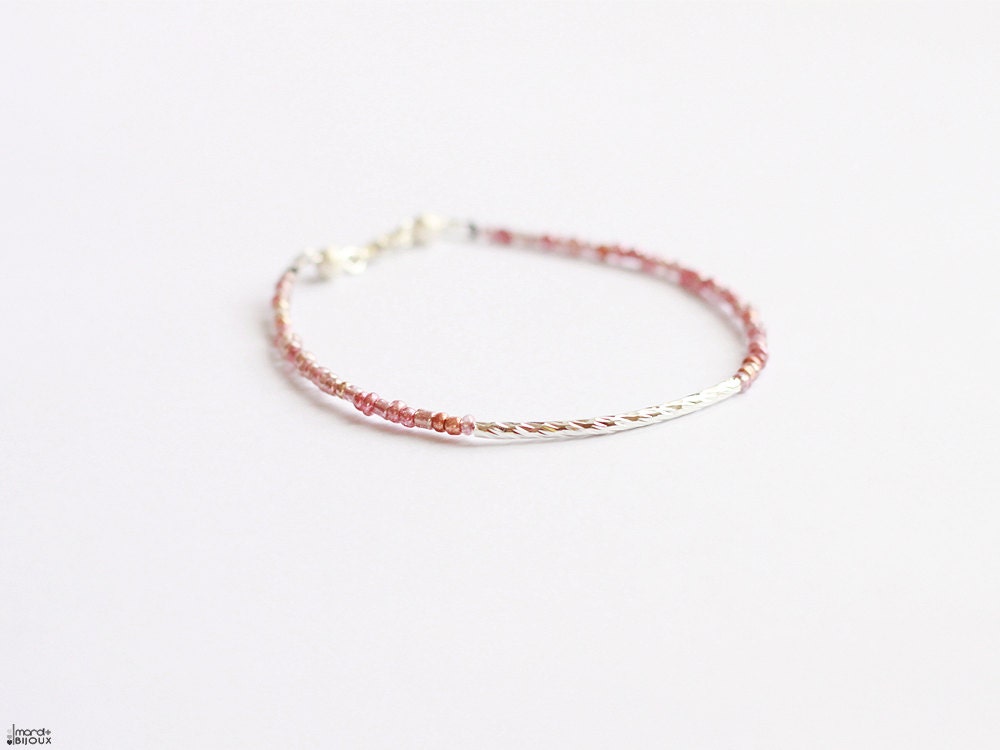 Pink silver beaded bar bracelet - metallic luminescent curve tube friendship bff stacking layering dainty modern minimalist everyday jewelry
