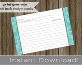 Printable Recipe Cards DIY turquoise damask INSTANT DOWNLOAD digital Print Your Own 4x6 inch