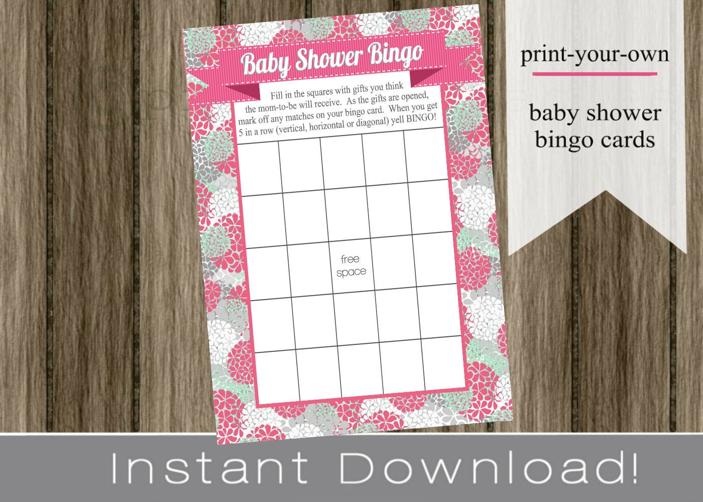 Baby Shower Bingo Game Cards pink hydrangeas girl INSTANT DOWNLOAD diy digital printable file print your own