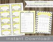 Baby Shower Bingo Game Cards, Diaper Raffle Tickets, Wishes for Baby gray chevron and yellow INSTANT DOWNLOAD diy digital printable file Il_170x135
