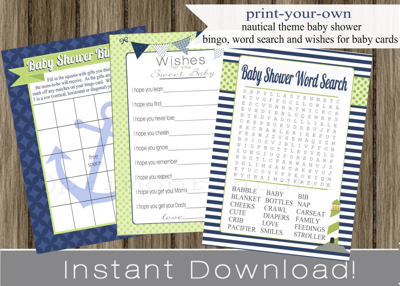 Nautical Baby Boy Shower Games Bingo, Wishes for Baby and Word Search cards blue green INSTANT DOWNLOAD diy digital printable file Il_170x135