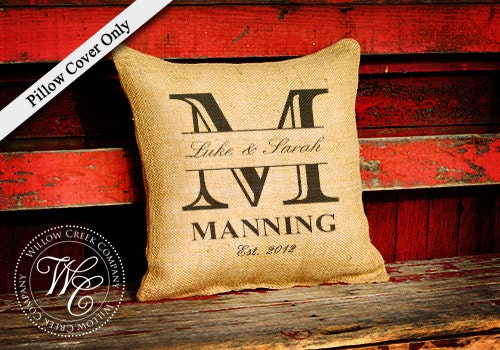 BURLAP PILLOW Personalized Wedding Gift - PILLOW with Monogram, Family Name &  Established Date