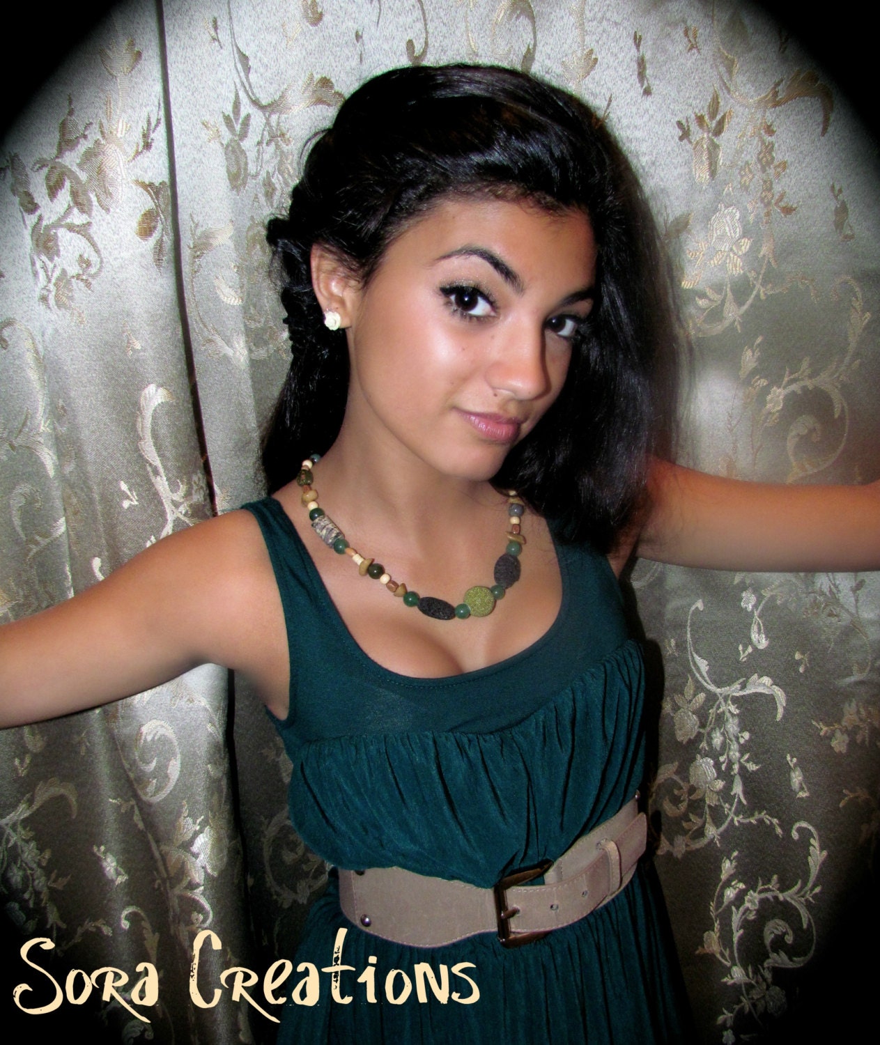 GREEN Bohemian Necklace, Beaded Earth tone, Chunky Necklace, OOAK accessories