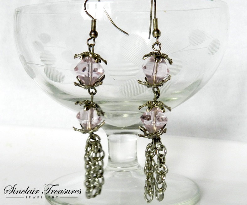 Antiqued Silver Dangle Pink Crystals Beaded Pierced Vintage Earrings French Hook Wires