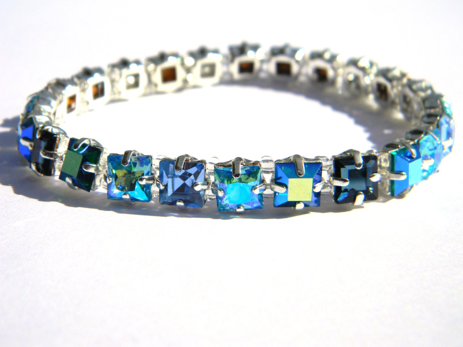 Shades of Blue Square Swarovski Crystal Bracelet - Valentines Day - Handmade - Elegant - Slider Bead Jewelry - Gift Under 35, 50, 100