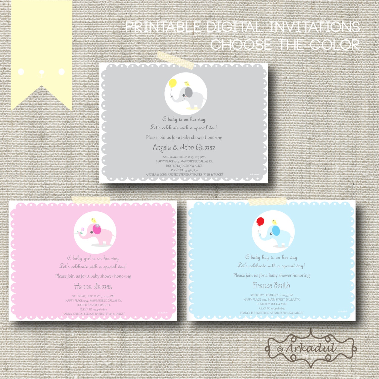 Baby Shower Printable Digital Invitation : "Baby Shower Blue,Pink or Gray Elephant"