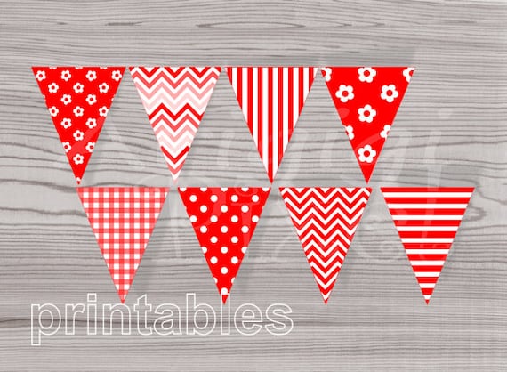 Red Printable Banner Pennant Chevron Gingham Flower Polka Dot Stripes Pattern PDF file Instant Download Il_570xn