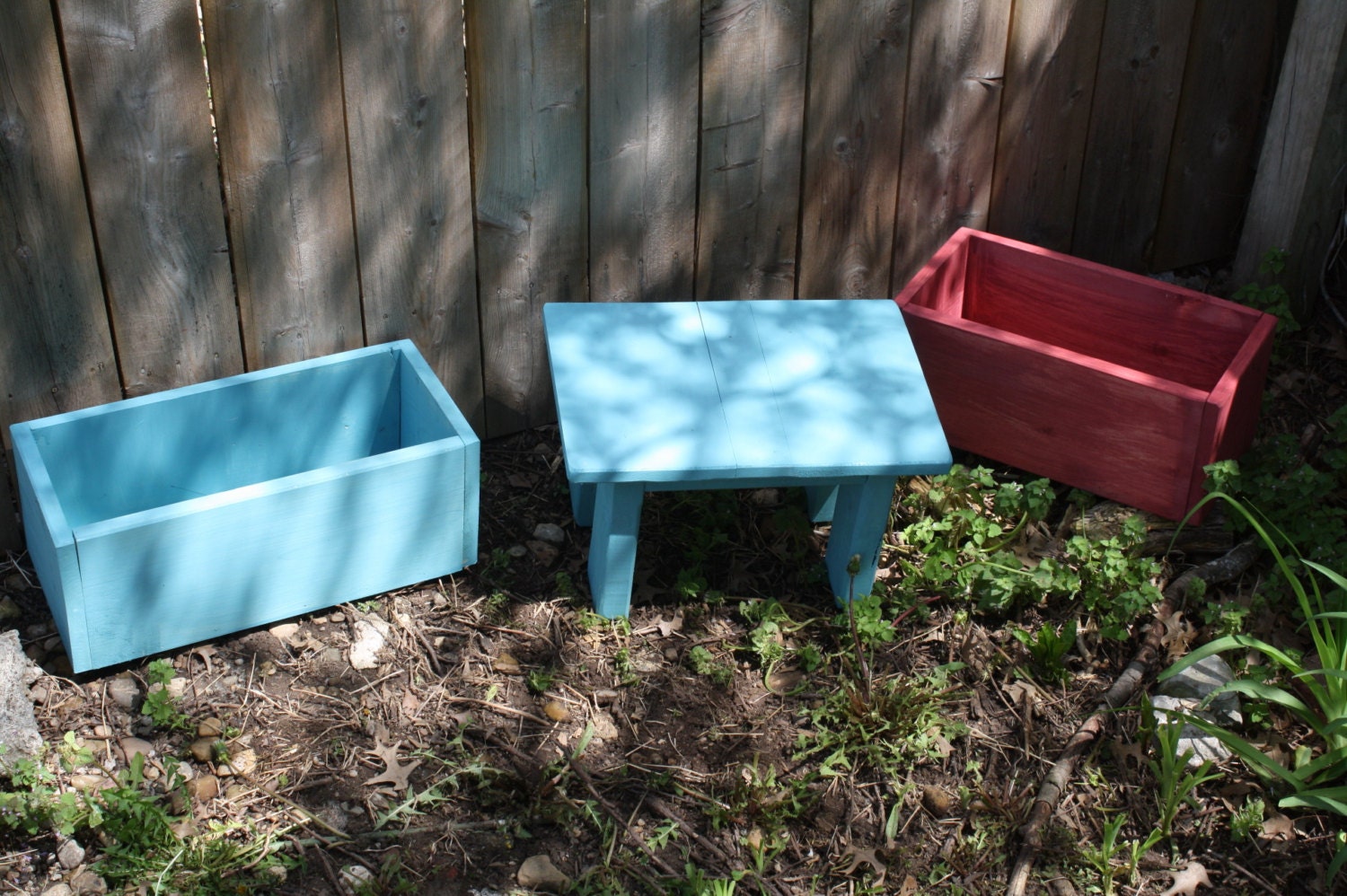 Unique Primtiques Outdoor Garden Porch Flower Bed Primitive Wooden PLANTER BOX BENCH Lot Red Wash Bright Blue