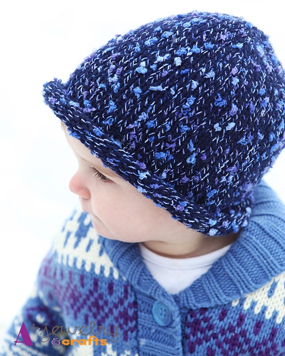 Dark blue hat, speckled hat, knitting, baby hat, winter accessory, warm, cute, light blue.