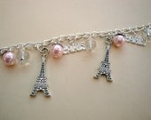 Paris Eiffel Tower charm bracelet, silver charms, pink glass pearl beads