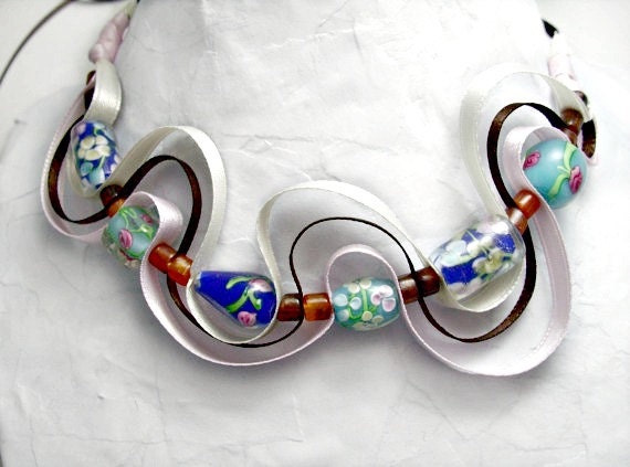 Flower beads and ribbon necklace. Chunky glass decorative beads.  Brown, ivory and pink ribbon. Adjustable length.