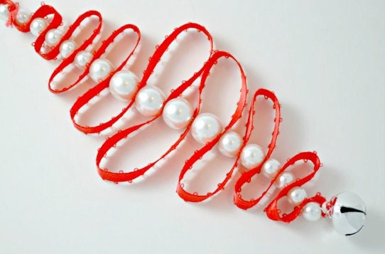 Pick your colors: bead and ribbon ornament. Holiday decoration. Silver bells. Christmas decoration. Ships free.