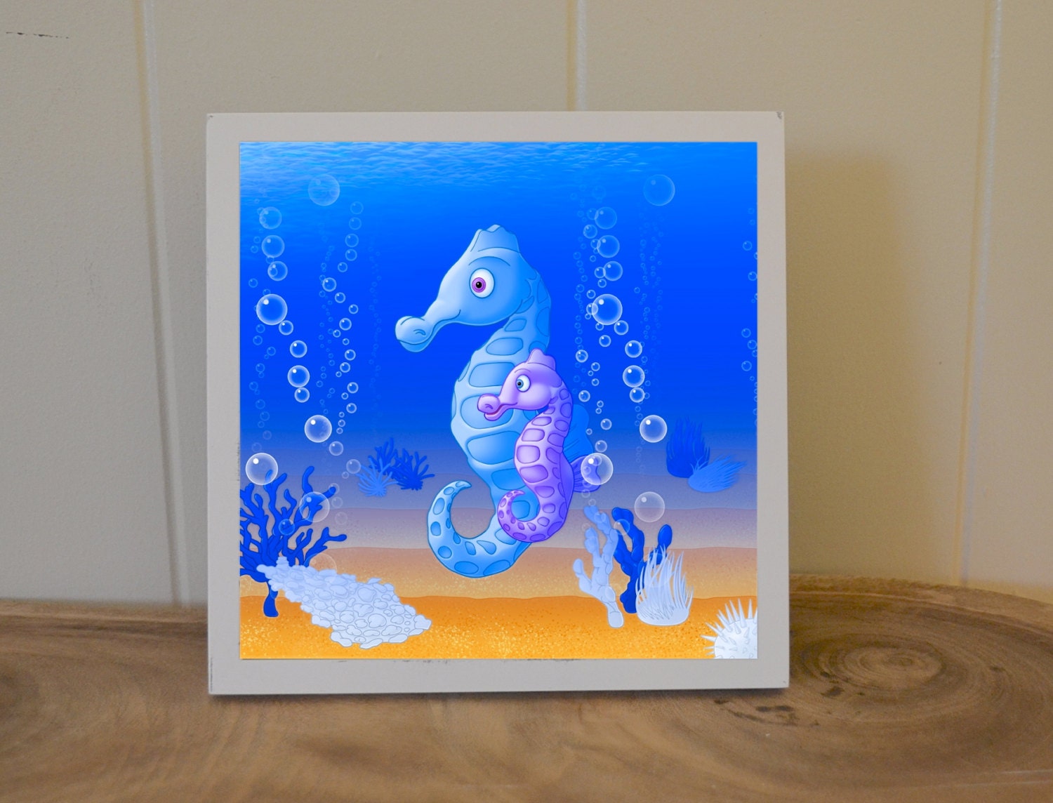 Baby boy nautical nursery art, ocean nursery, seahorse art print, childrens room art, sea creature poster, 8x8 print