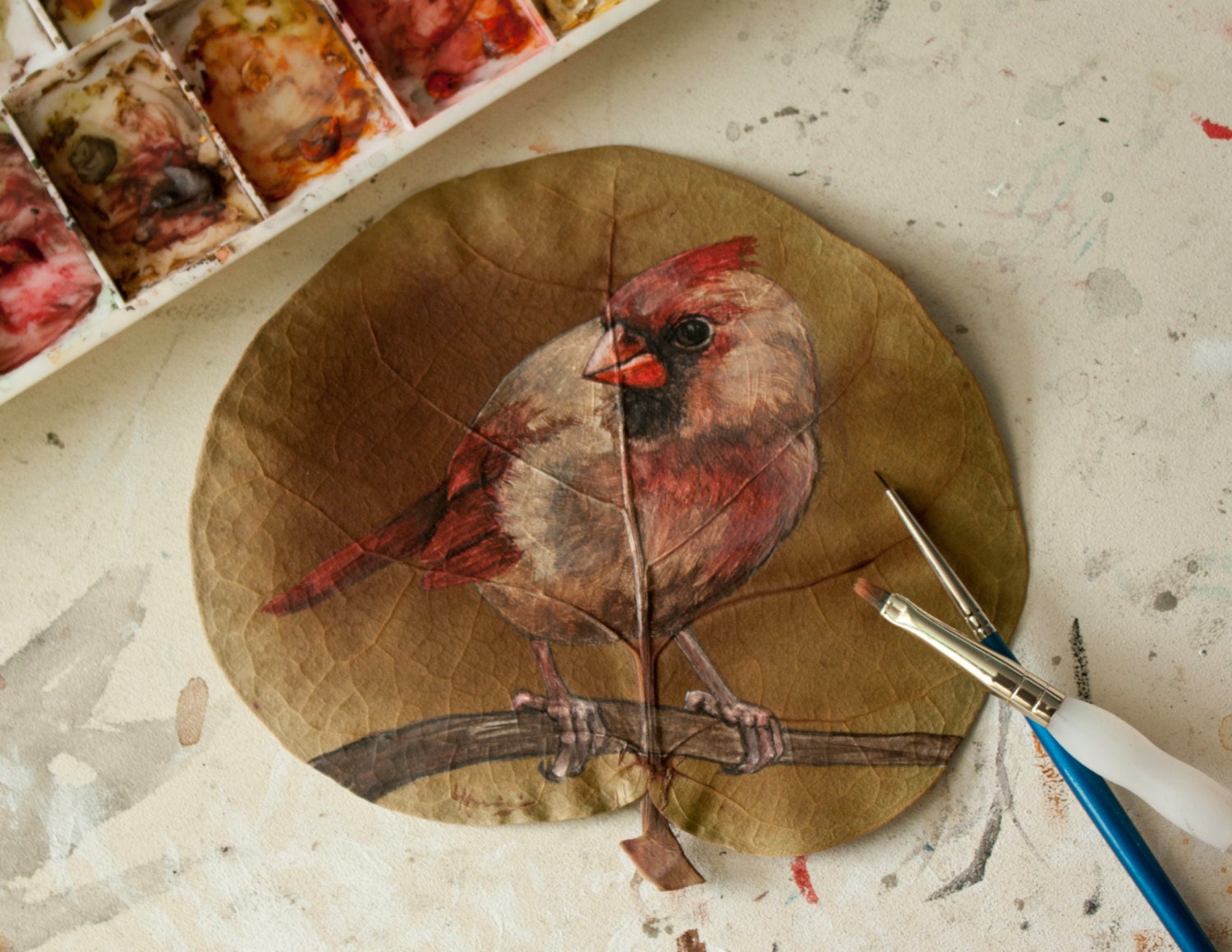 Cardinal, Female Northern Cardinal - Original Watercolor Painting on Sea Grape Leaf
