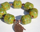 Fancy green reconstructed turquoise bracelet with clock charm, steampunk retro bracelet, funky jewelry
