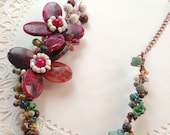 Red Green Floral Cluster Necklace OOAK Gift for Her Gemstone Fashion Jewelry