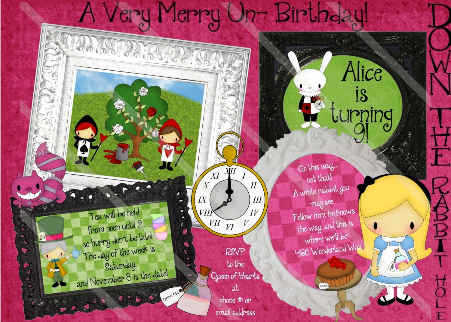 Mad Hatter Tea Party Un Birthday Custom Personalized Invitation Digital File Download Pink
