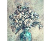 Roses in a blue vase - 8x10 - flowers - floral still life - print from original pastel drawing - home decor - shabby chic - provence