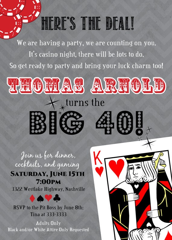 Casino Poker Card Adult Birthday Party Invitation - Printable