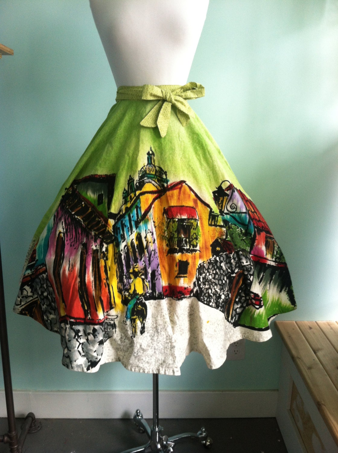 Green Mexican Hand Painted Cotton 1950s Vintage Party Full Circle Skirt / Large /  Waist 36"
