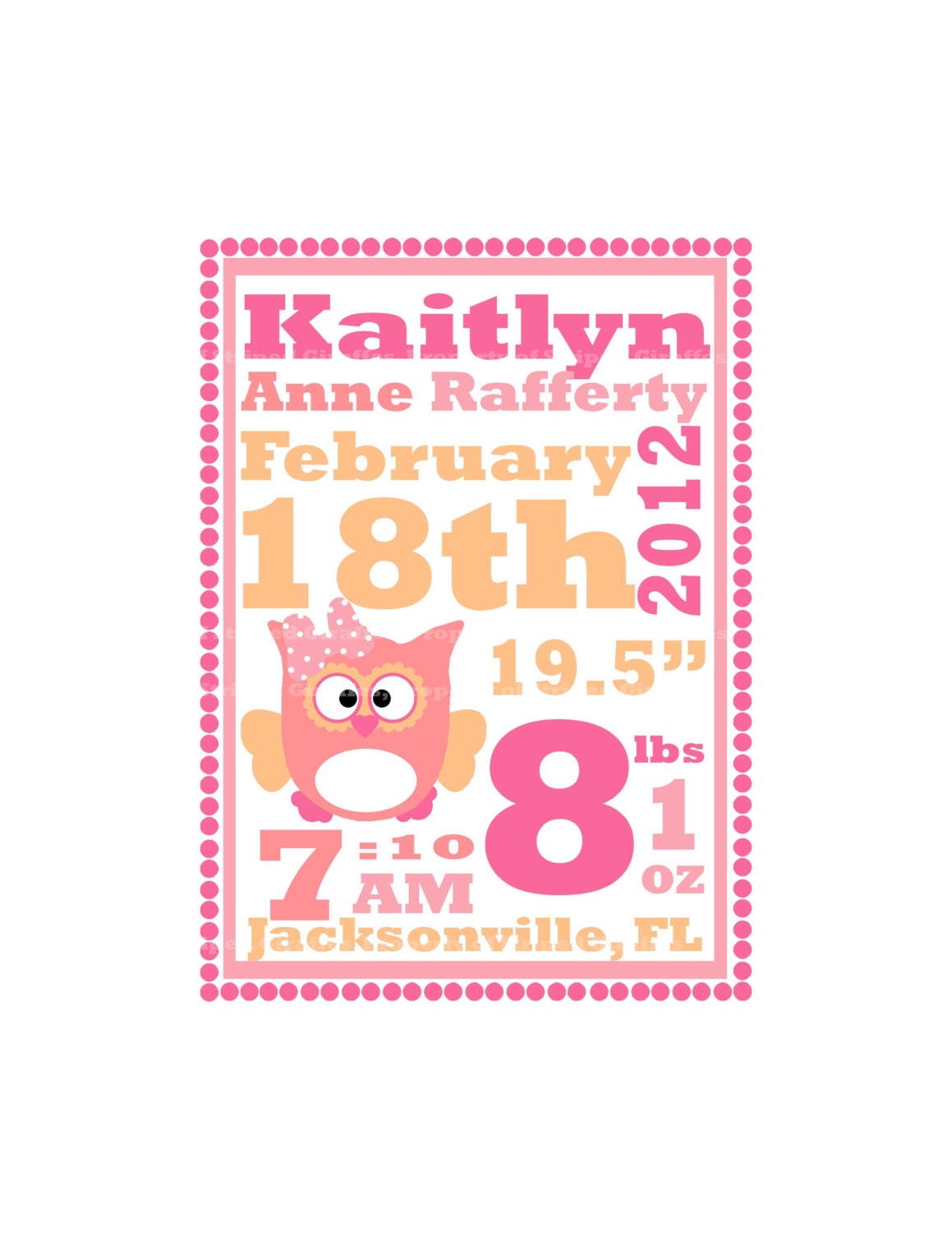 Owl Baby Girl Birth Announcement Print at Home Baby Elephant Baby Shower DIY Printable Digital Card Invitation Birthday Just Born Age