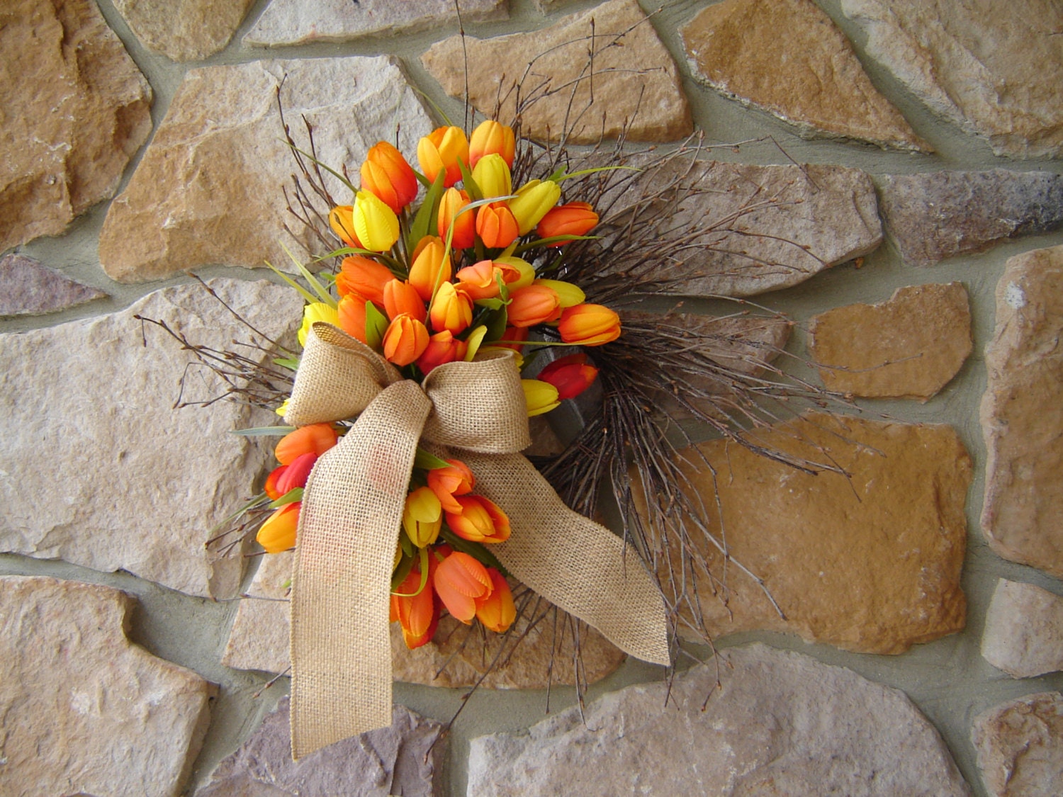 Reduced - Sale Tulip Wreath, Spring Wreath, Easter Wreath, Orange and Yellow Tulip Wreath, Twig Wreath