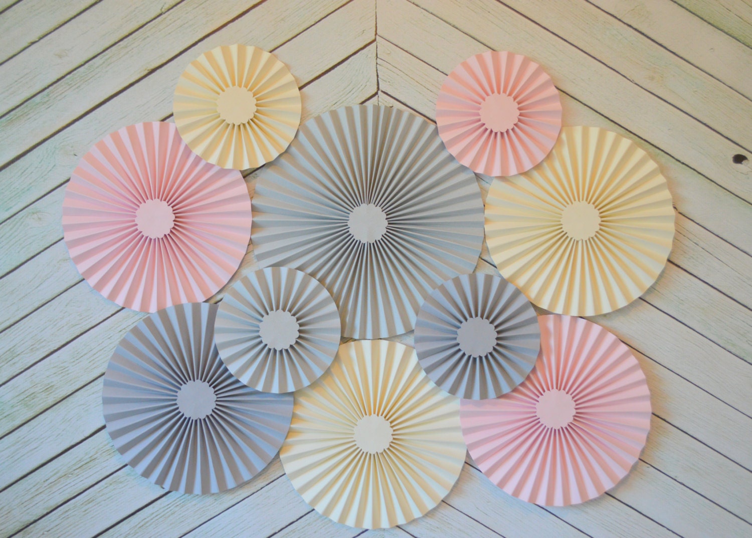 Set of 10 (TEN) Pink, Grey and Cream colored paper fans/rosettes, decorations for Girl Baby Shower,Birthday Party or  Wedding