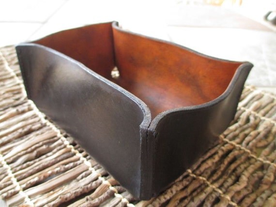 Molded Leather Box. Dresser, Desk Accessory. Black and Brown Hand Dyed and Stiched Leather Vessel.