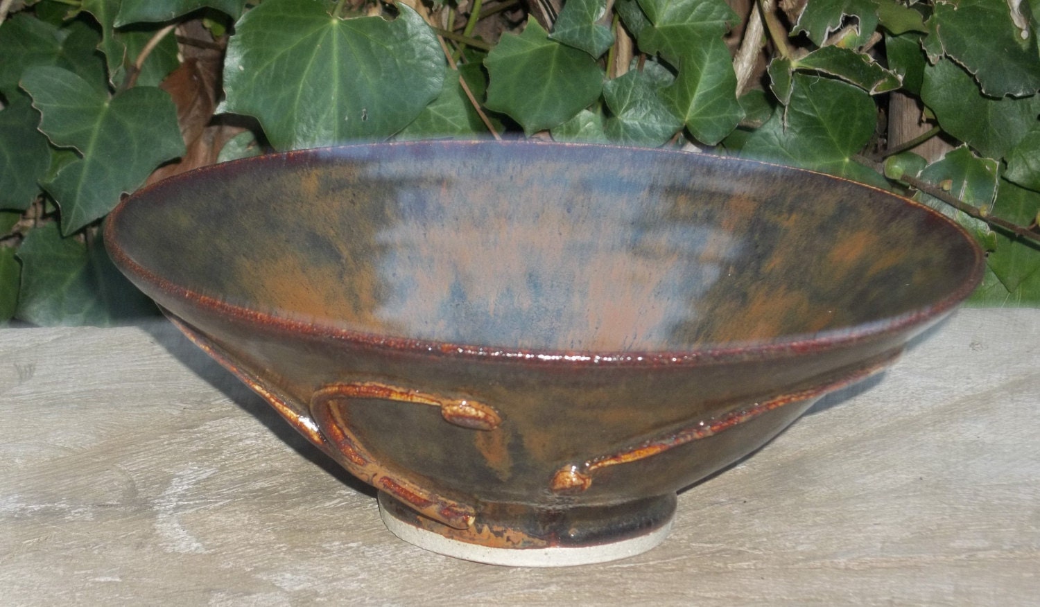 Centerpiece Stoneware Earthy Ceramic Pottery Serving Bowl with Applique' Decoration