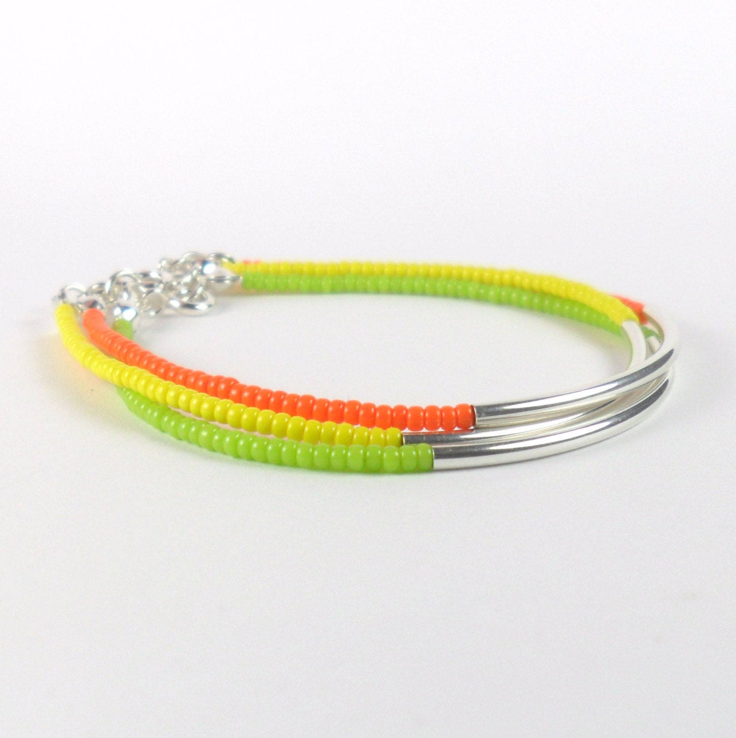 Neon Seed Bead Stacking Bracelet Set with Sterling Silver Tube 'Citrus' - Minimalist jewellery - Friendship Bracelet