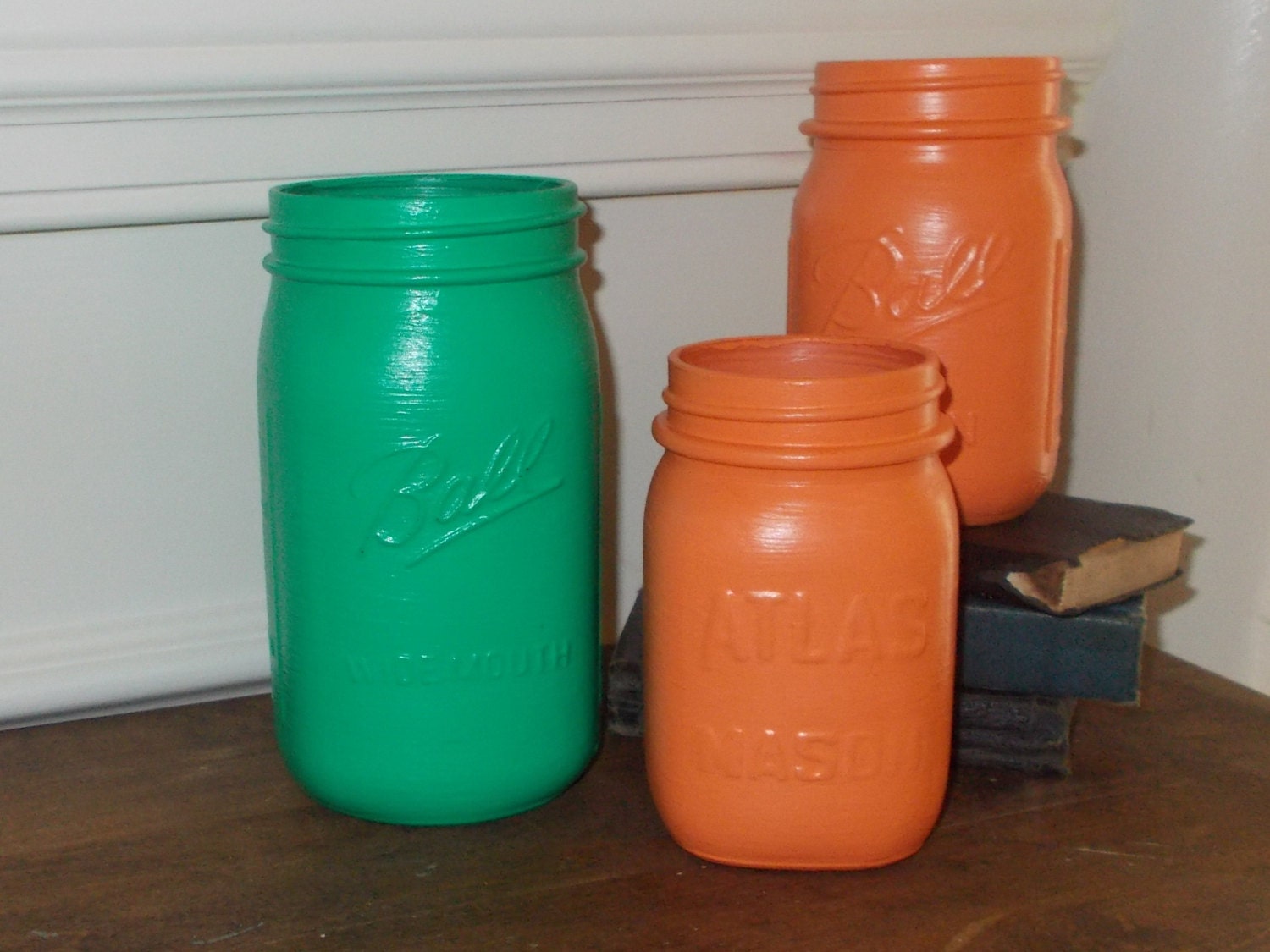 Set of Three Mason Jars Desk Organizers Upcycled Green Jar Orange Jar Handpainted with Cece Caldwell Paints