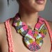 Freeform Beaded Macrame Necklace in Pink, Mint, and Green Silk Cord and Faceted Glass Beads