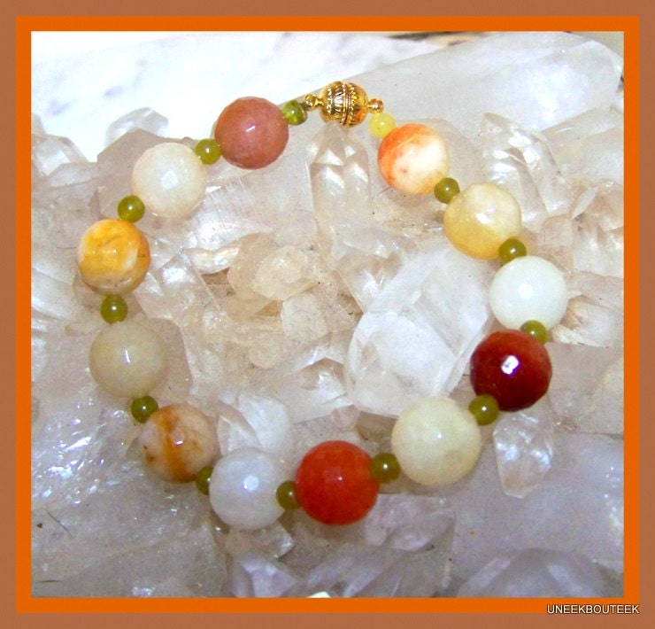 Multi Color JADE "Kumquats" Bracelet - Magnetic Clasp - Australian Faceted Jade Beads - Matching Necklace - Great Summer or Beachwear