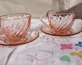 Pink Depression Glass Tea Set 2 Cups and 2 Saucers marked Arcoroc France for Your Valentine